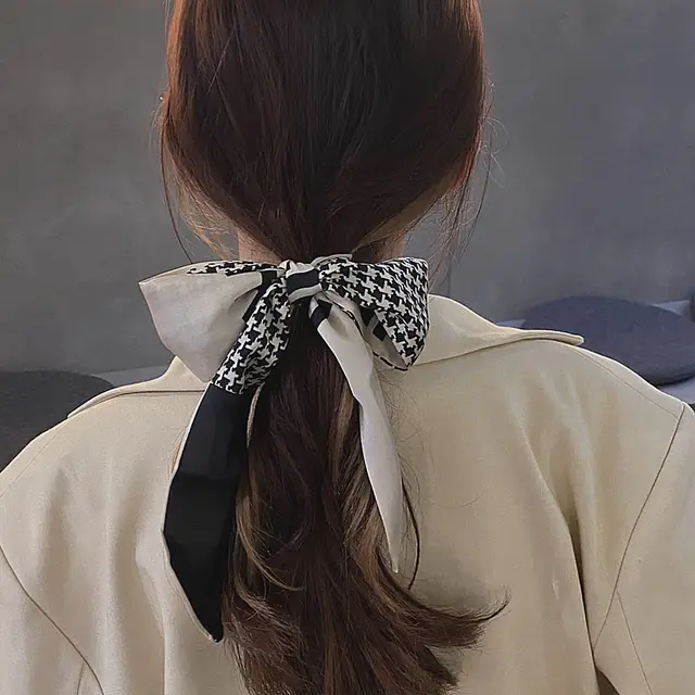Retro Houndstooth Silk Scarf Headband Women Black - Shop at LoveMi