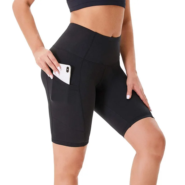 Double Side Pocket Sports Tights Yoga Women Running Shorts Five Point Pants Black - Shop at LoveMi