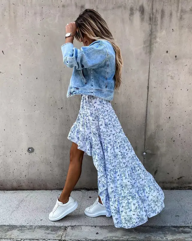 Bohemian Asymmetrical Dress Women Long Beach Skirt Summer Style Floral Print High Waist Casual Skirt Blue - Shop at LoveMi