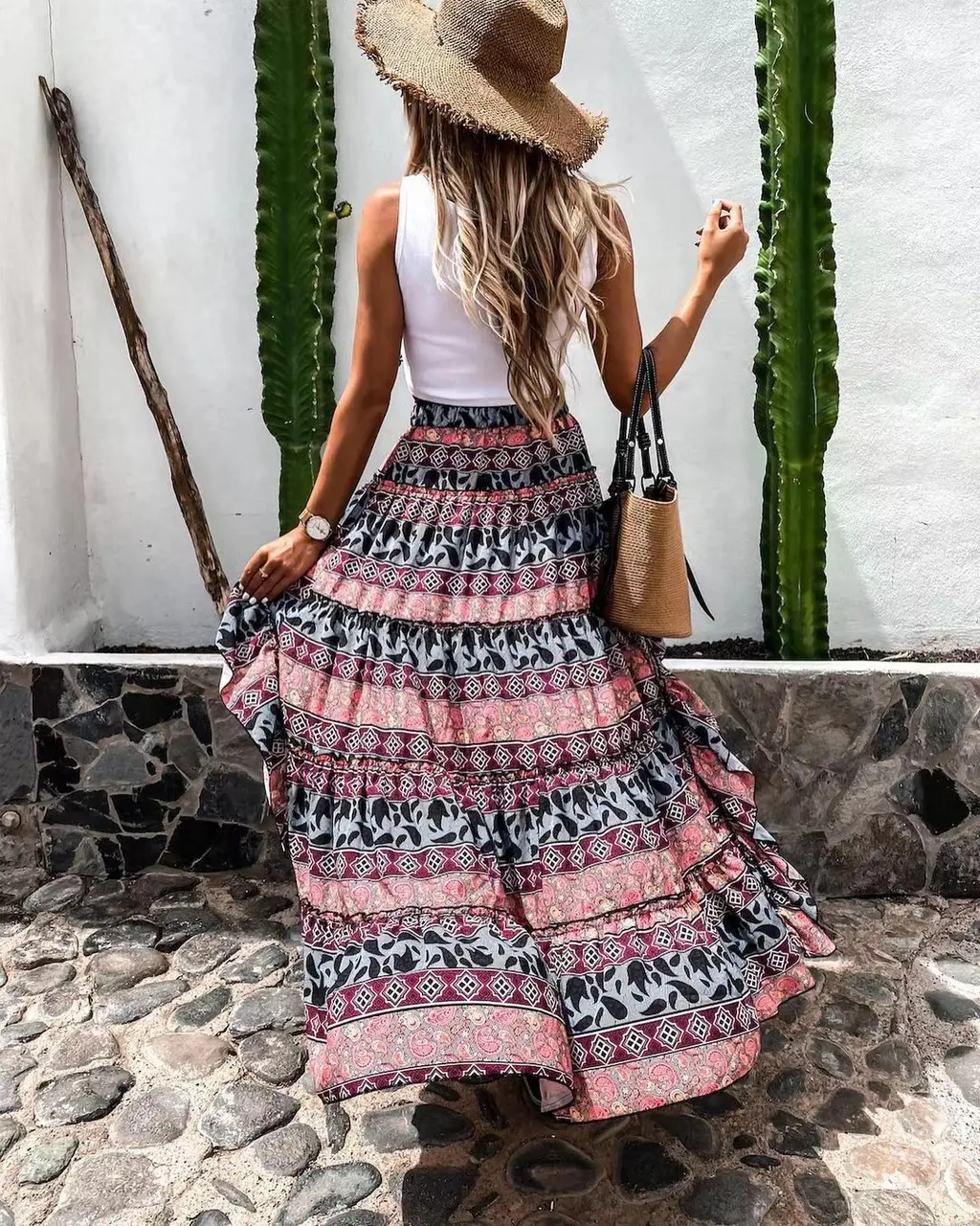 Bohemian Asymmetrical Dress Women Long Beach Skirt Summer Style Floral Print High Waist Casual Skirt - Flower Color - View 1