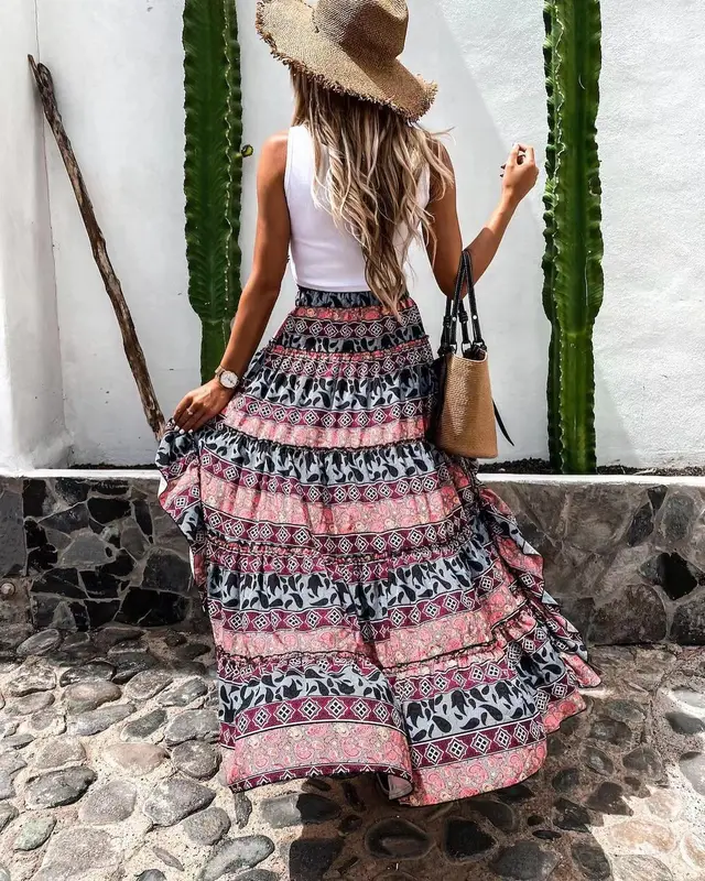 Bohemian Asymmetrical Dress Women Long Beach Skirt Summer Style Floral Print High Waist Casual Skirt Flower Color - Shop at LoveMi