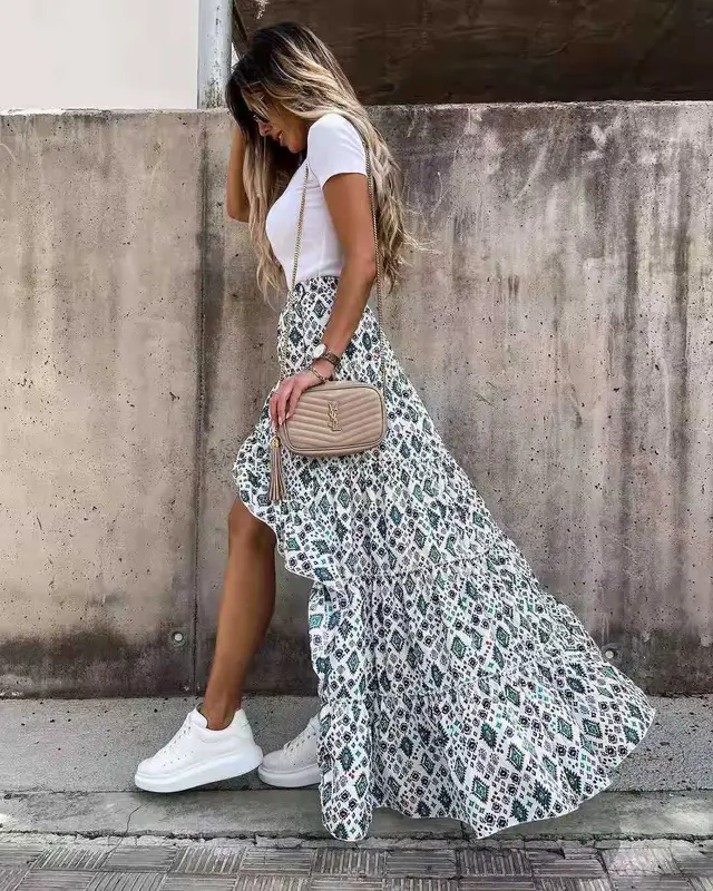 Bohemian Asymmetrical Dress Women Long Beach Skirt Summer Style Floral Print High Waist Casual Skirt Light Green - Shop at LoveMi