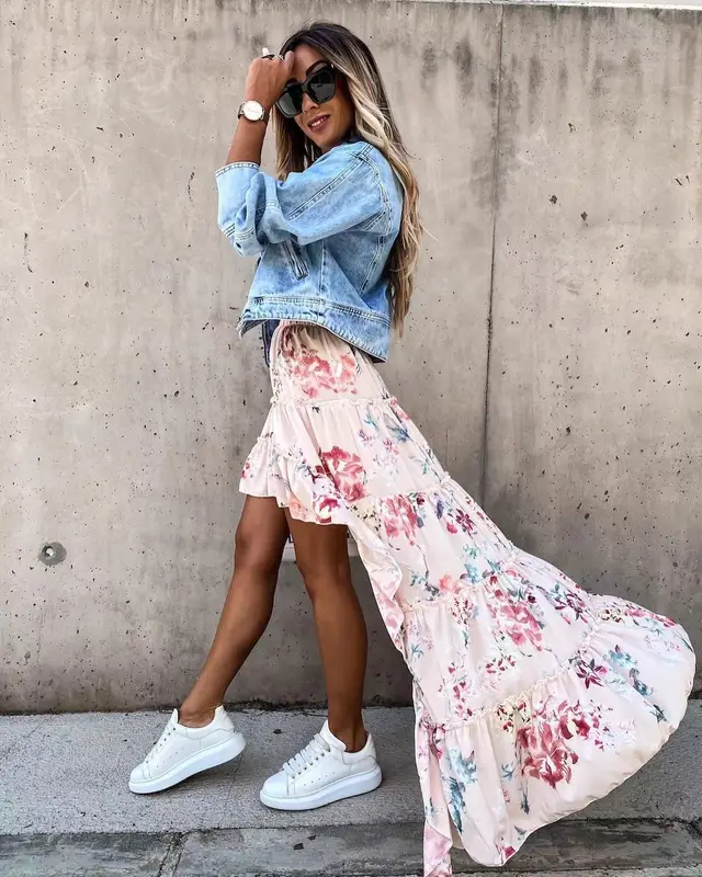 Bohemian Asymmetrical Dress Women Long Beach Skirt Summer Style Floral Print High Waist Casual Skirt Pink - Shop at LoveMi