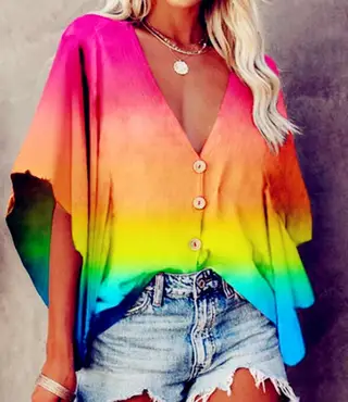 Summer Gradient Color Pullover Single-Breasted Solid Color Short Sleeves - Rainbow Colors