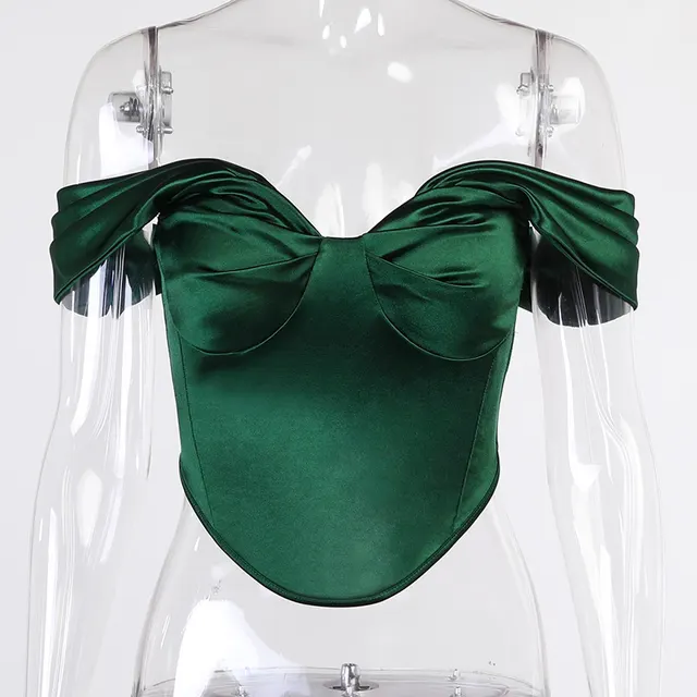 Hbenna Satin Crop Top Women Green Sleeveless Off Shoulder Elegant Sexy Camis Women Summer Sexy Backless Slim Irregular Hem Dark Green - Shop at LoveMi