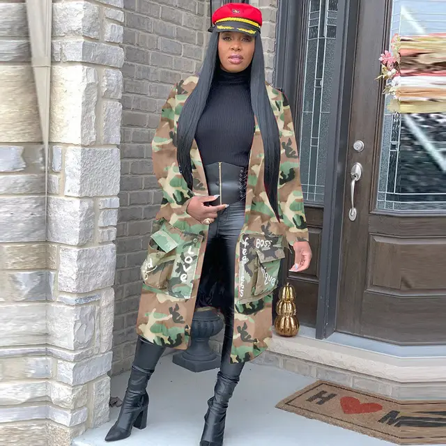 European and American women's long casual fashion camouflage printed cloth coat for women Camouflage - Shop at LoveMi