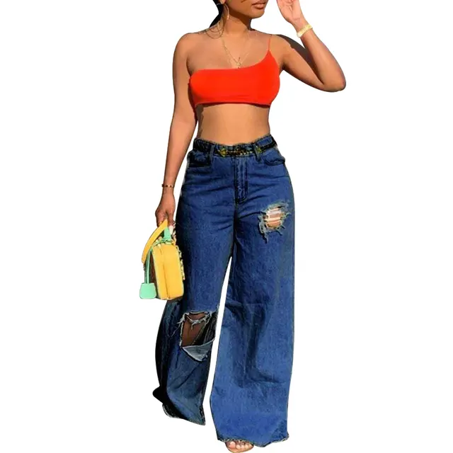 Sexy Women's Irregular Ripped Loose Jeans Blue - Shop at LoveMi