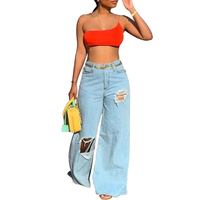Sexy Women's Irregular Ripped Loose Jeans Light Blue - Shop at LoveMi