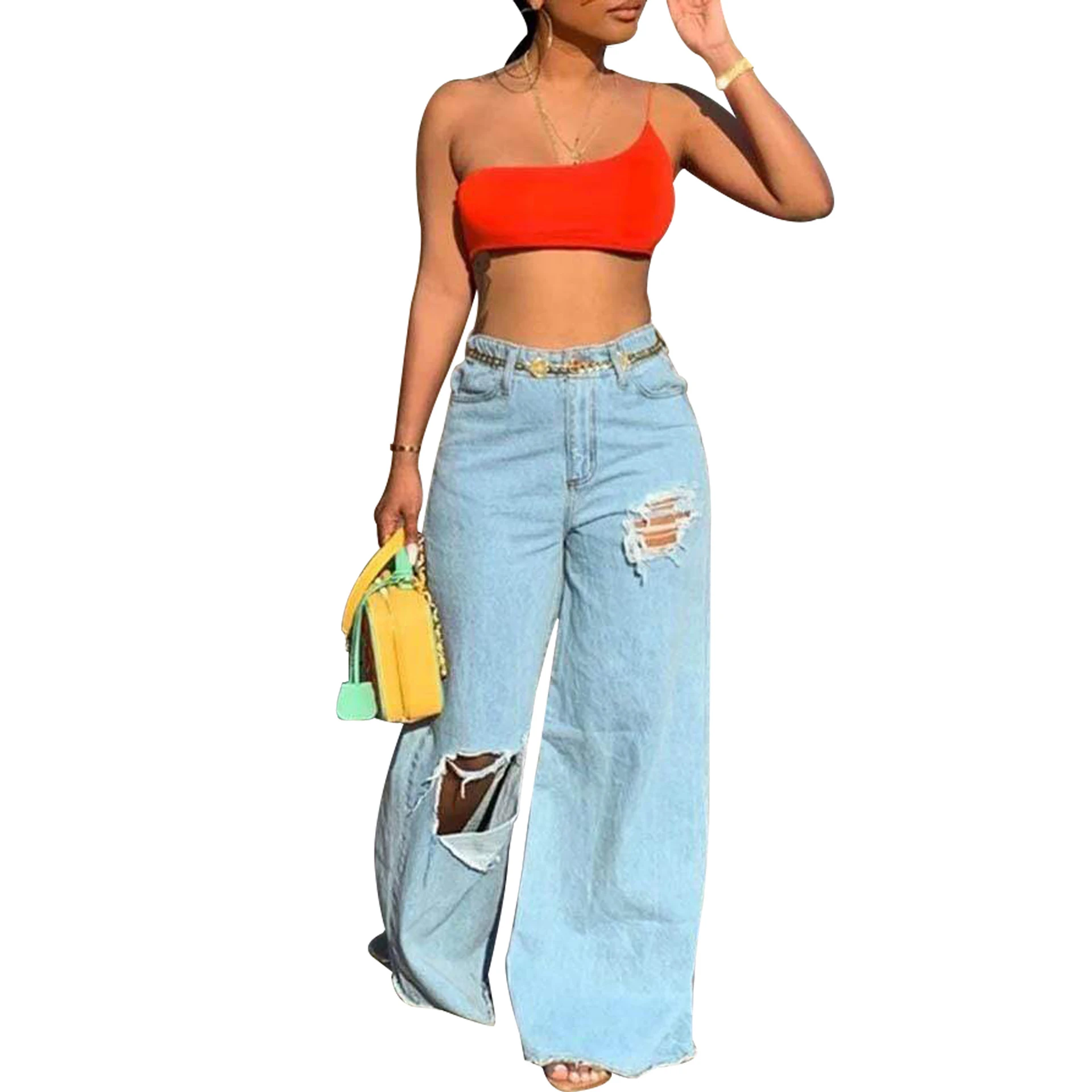Sexy Women's Irregular Ripped Loose Jeans - Light Blue