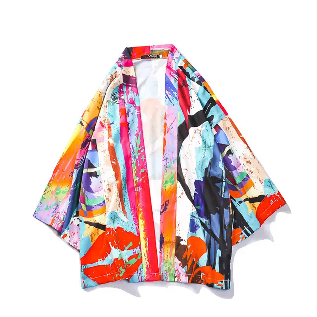 Japanese Tang Suit Color Graffiti Road Robe Sunscreen Coat Three Quarter Sleeve Couple Male Kimono Loose Thin Section Colorful - Shop at LoveMi
