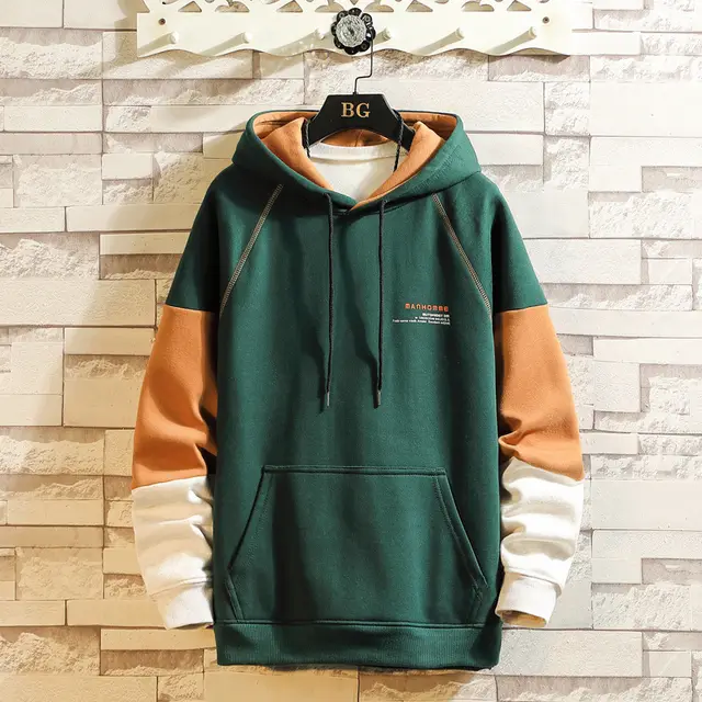 Men's Stitching Loose Casual Hooded Pullover Sweater Green - Shop at LoveMi
