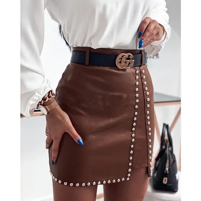 Elegant Fashion Rivets PU Leather Skirts Women Brown - Shop at LoveMi