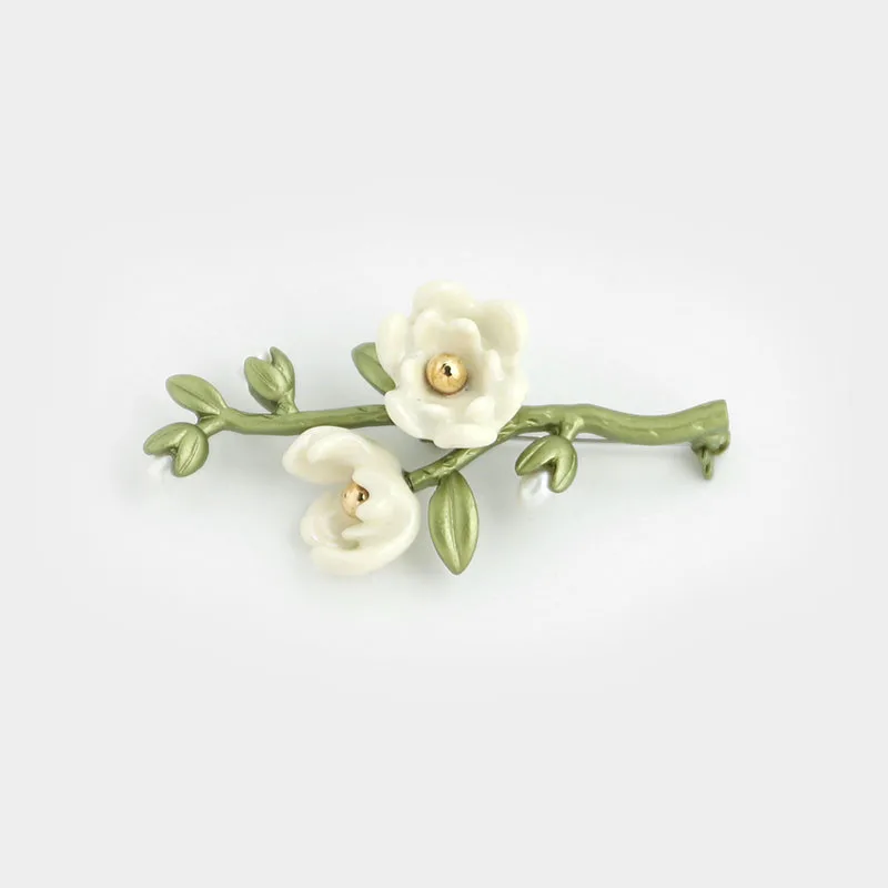 Plant White Magnolia Flower Brooch High-End Femininity All-Match Clothes Pin Brooch Sen Gift - Green
