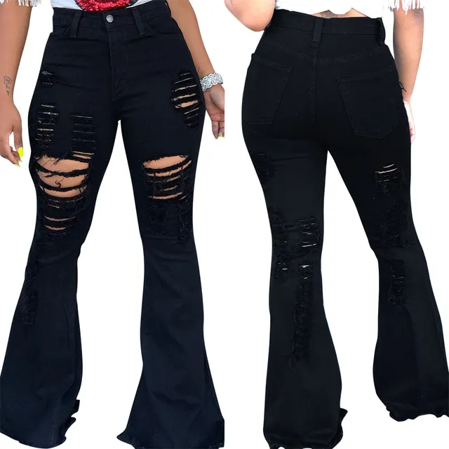 Ladies' Explosive Fashion Ripped Fringed Flared Pants Black - Shop at LoveMi