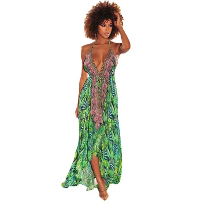 Sexy Retro V neck Print Drawstring dress Green - Shop at LoveMi