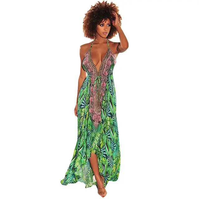 Sexy Retro V neck Print Drawstring dress Green - Shop at LoveMi