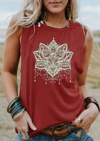 Summer Women's Printed Crewneck Vest T Shirt - Wine Red