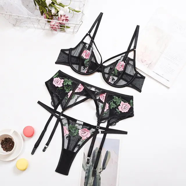 European And American Ins Embroidery Lace Sexy Sexy Steel Ring Gathered Three piece Multicolor Black - Shop at LoveMi