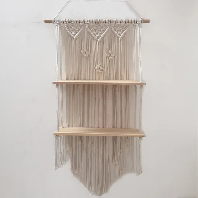 Tapestry Two Layer Shelf Hand Woven Nordic Bohemian Diy Wall Shelf Cotton Tapestry Finished Product Natural White - Shop at LoveMi