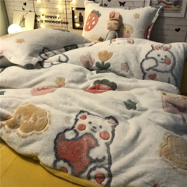 Four Piece Princess Heart Snowflake Velvet Coral Velvet Bed Sheet Duvet Cover - Shop at LoveMi