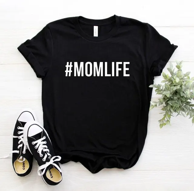 MOMLIFE Letter Print Loose Round Neck T Shirt Short Sleeve Black - Shop at LoveMi