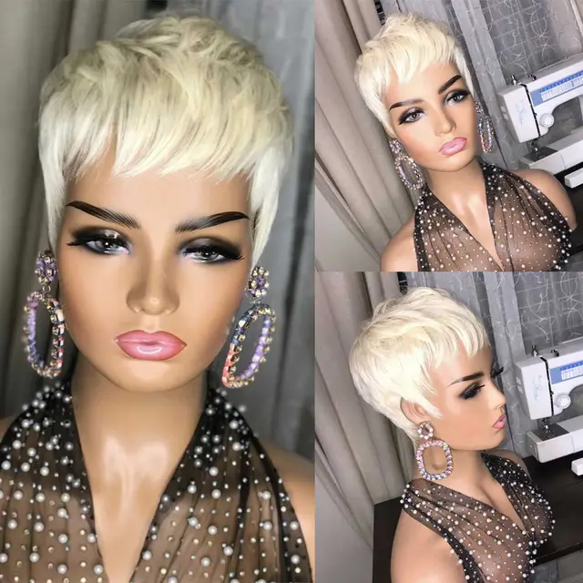 Ladies Fashion Short Straight Hair Golden Synthetic Fluffy High Temperature Silk Wig Hair Set White Gold - Shop at LoveMi