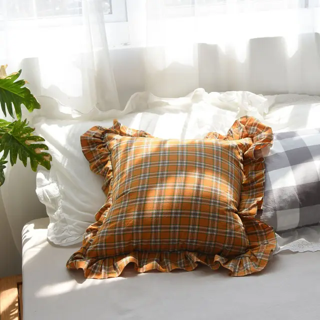 Ins Wind Ruffled Pillowcase Plaid Cotton Pillow Princess Wind Big Cushion Brown - Shop at LoveMi