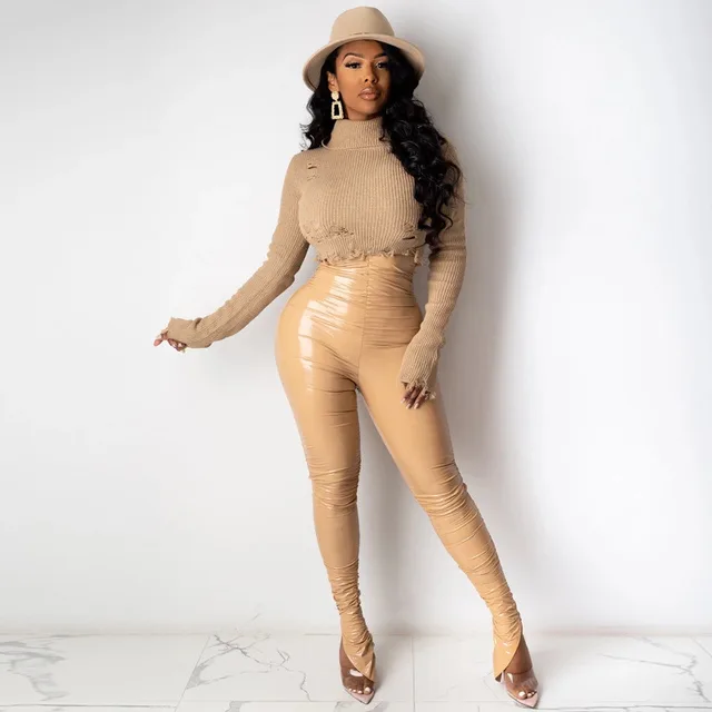 European And American Style Autumn And Winter New Women's Personality Leggings Side Slit Folds Pencil Footwear Khaki - Shop at LoveMi