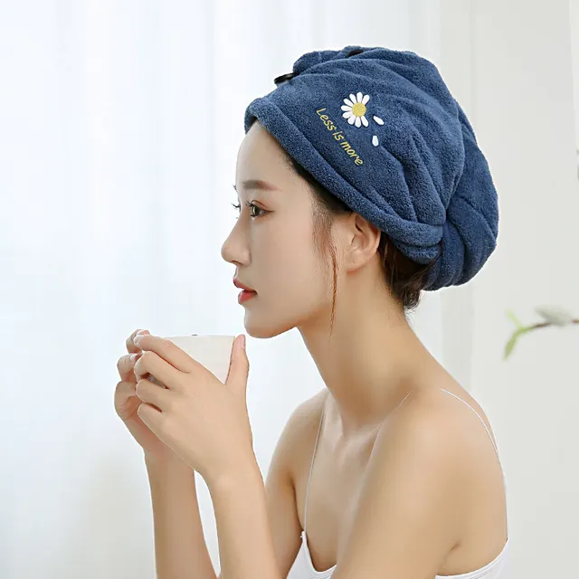 Dry Hair Towel Embroidery Dry Hair Cap Women's Absorbent And Quick Drying Microfiber Thickened Turban Coral Fleece Shower Cap Navy - Shop at LoveMi