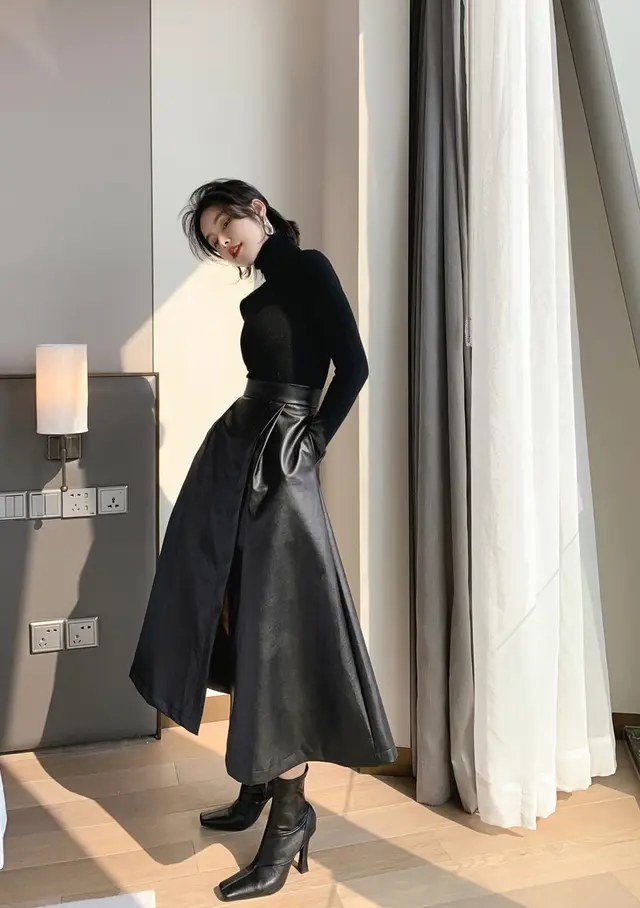 European Station Black Half Length Skirt Mid Length Autumn And Winter Split High Waist Thin Hip Leather Skirt Large Swing A Line Skirt Black - Shop at LoveMi