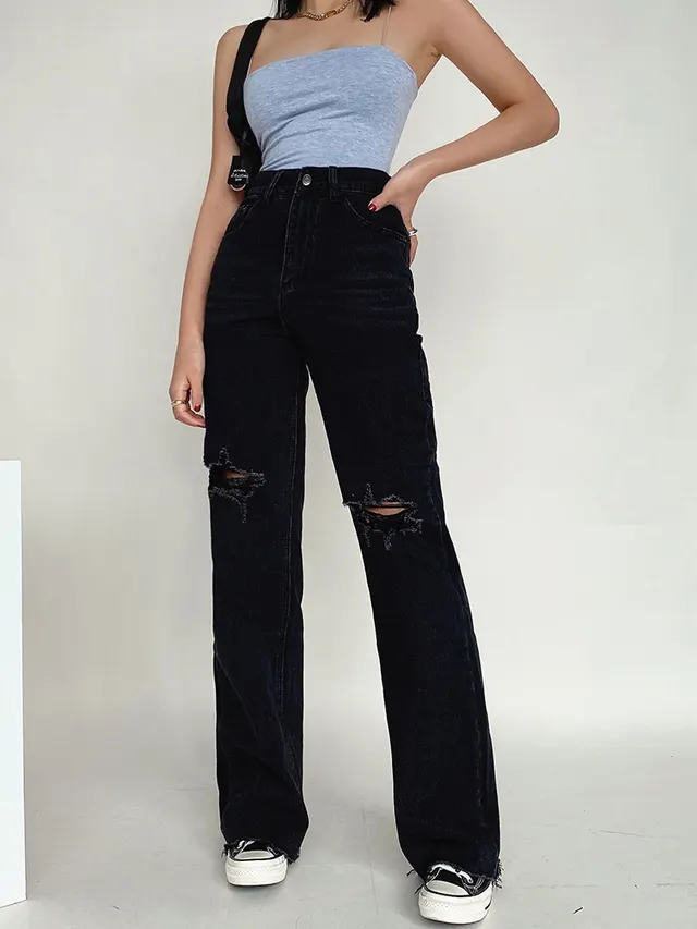 Liviahome Retro Ripped Wide leg Jeans Female High waisted Thin Loose Drape Mopping Trousers Black - Shop at LoveMi