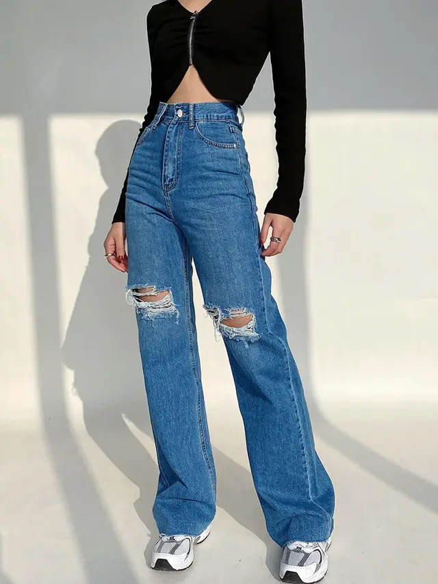 Liviahome Retro Ripped Wide leg Jeans Female High waisted Thin Loose Drape Mopping Trousers Dark Blue - Shop at LoveMi