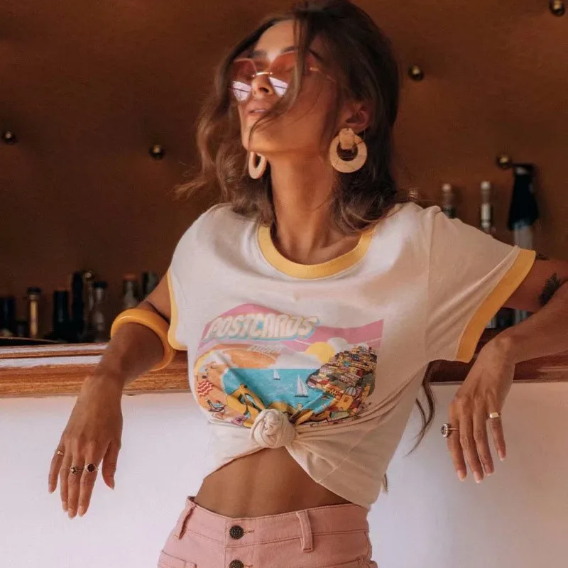 Holiday Style Slim T-Shirt Top With Yellow Sailing Letter Print - Apricot