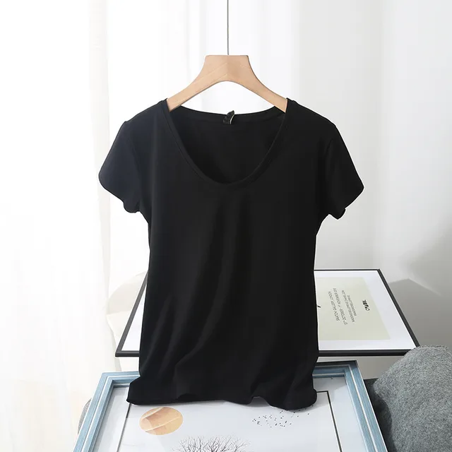 Korean Women'S Summer New Basic Simple Big U Neck Short Sleeved T Shirt Women Black - Shop at LoveMi