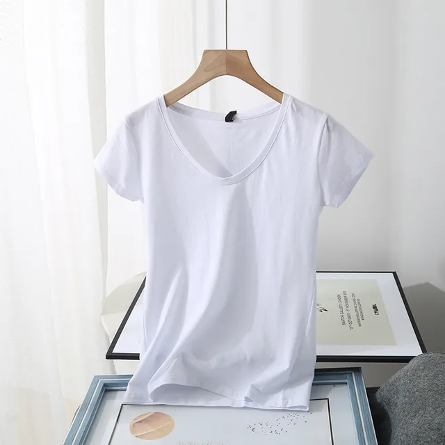 Korean Women'S Summer New Basic Simple Big U Neck Short Sleeved T Shirt Women White - Shop at LoveMi