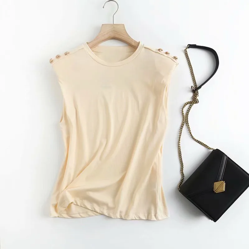 European And American Women'S Summer New Style Round Neck Shoulder Button Decoration Sleeveless T Shirt Women Apricot - Shop at LoveMi
