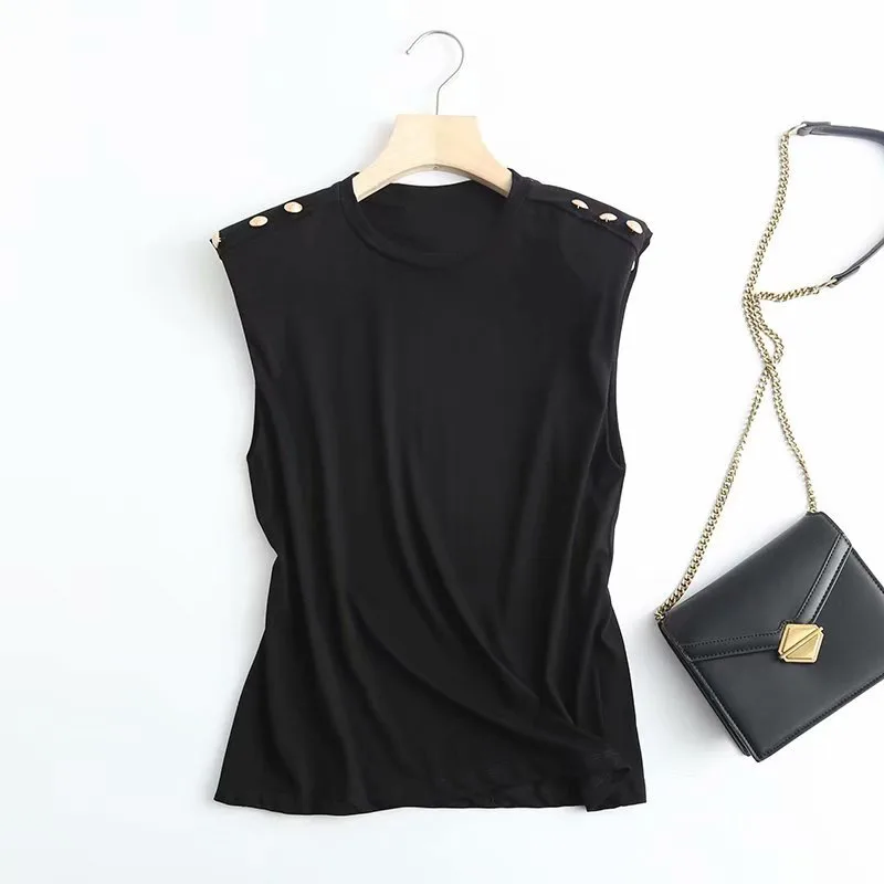 European And American Women'S Summer New Style Round Neck Shoulder Button Decoration Sleeveless T Shirt Women Black - Shop at LoveMi