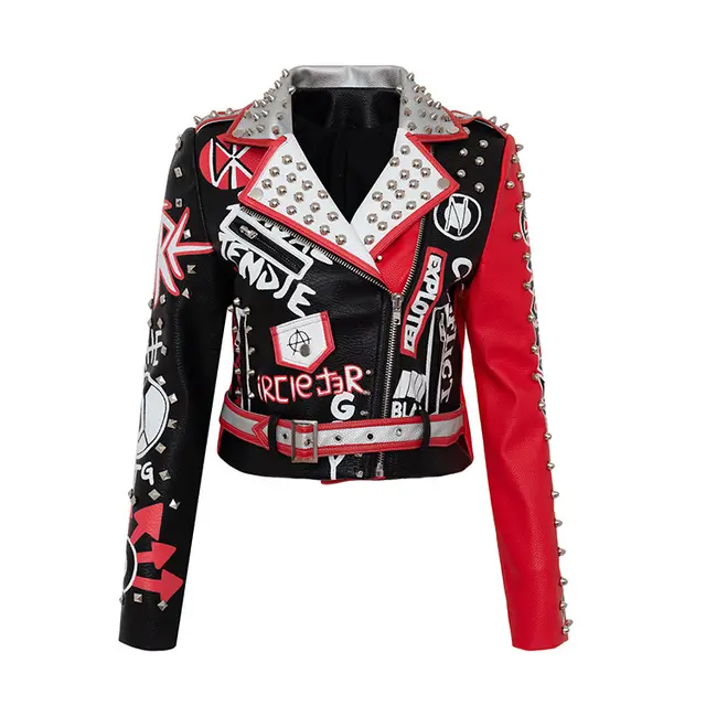Skinny Jacket Graffiti Print Contrast Color Motorcycle Leather Jacket - Shop at LoveMi