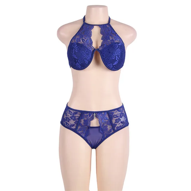 Comeondear Lingerie Lace Sexy Bra Set Transparent Bra Party Set Blue Halter Komplet Bielizny Womens Underwear Set R80443 Blue - Shop at LoveMi