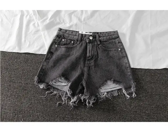 Summer Shorts Denim Wide leg Ripped Pants Irregular Frayed Trousers Black Gray - Shop at LoveMi
