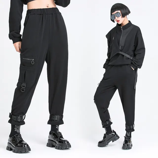 New Personality Casual Pants Street Trend Dark Black Cropped Trousers Female Harlan Overalls Black - Shop at LoveMi