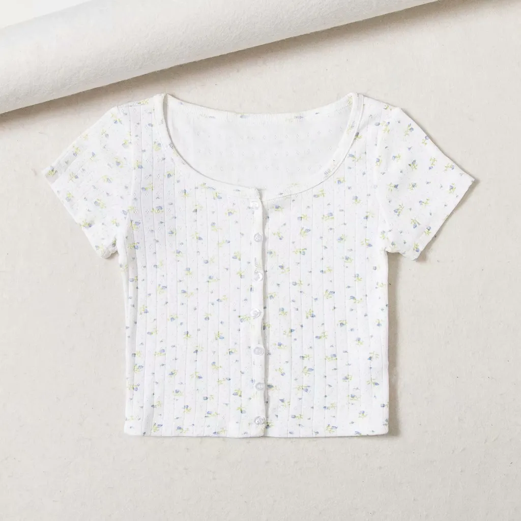 European And American Style Small Floral Short-Sleeved T-shirt Women's Summer Self-Cultivation All-Match Single-Breasted Short Casual Top - Blue Fl... - View 1