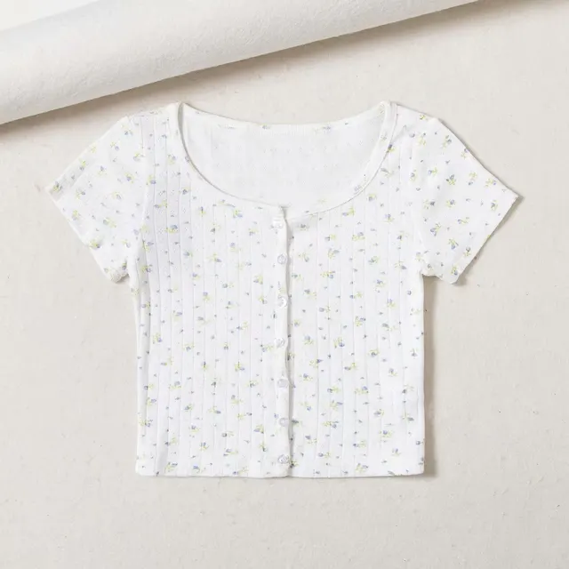 European And American Style Small Floral Short Sleeved T shirt Women's Summer Self Cultivation All Match Single Breasted Short Casual Top Blue Fl... Blue Floral - Shop at LoveMi
