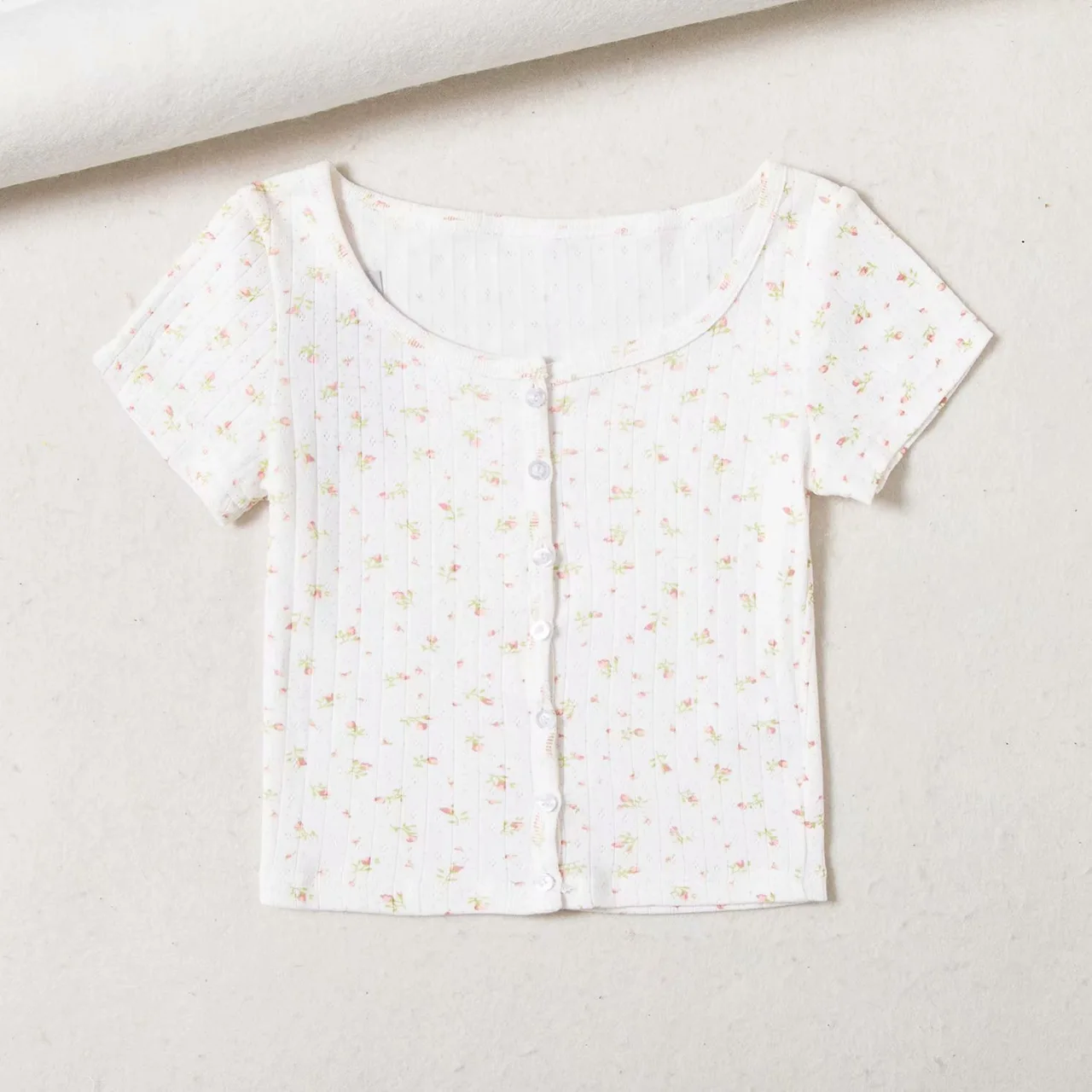 European And American Style Small Floral Short-Sleeved T-shirt Women's Summer Self-Cultivation All-Match Single-Breasted Short Casual Top - Pink Fl... - View 1