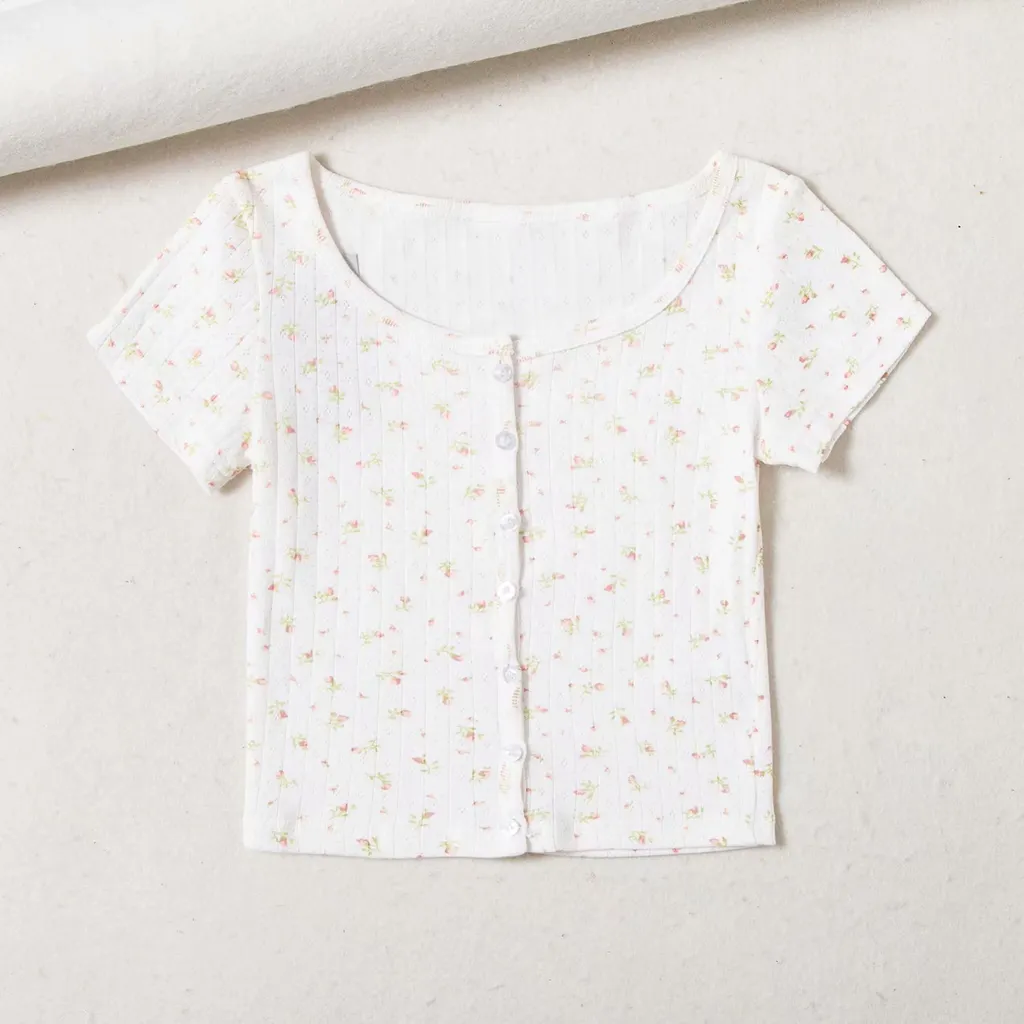 European And American Style Small Floral Short-Sleeved T-shirt Women's Summer Self-Cultivation All-Match Single-Breasted Short Casual Top - Pink Fl...