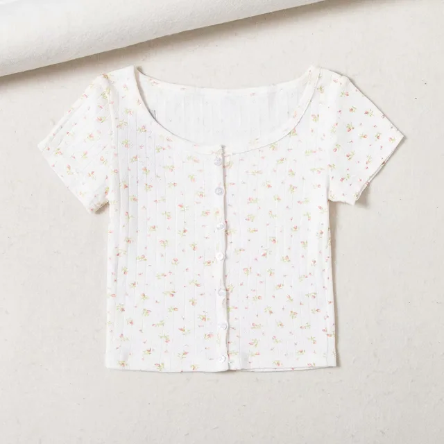European And American Style Small Floral Short Sleeved T shirt Women's Summer Self Cultivation All Match Single Breasted Short Casual Top Pink Floral - Shop at LoveMi