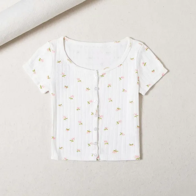 European And American Style Small Floral Short Sleeved T shirt Women's Summer Self Cultivation All Match Single Breasted Short Casual Top Pink Fl... Pink Flower - Shop at LoveMi