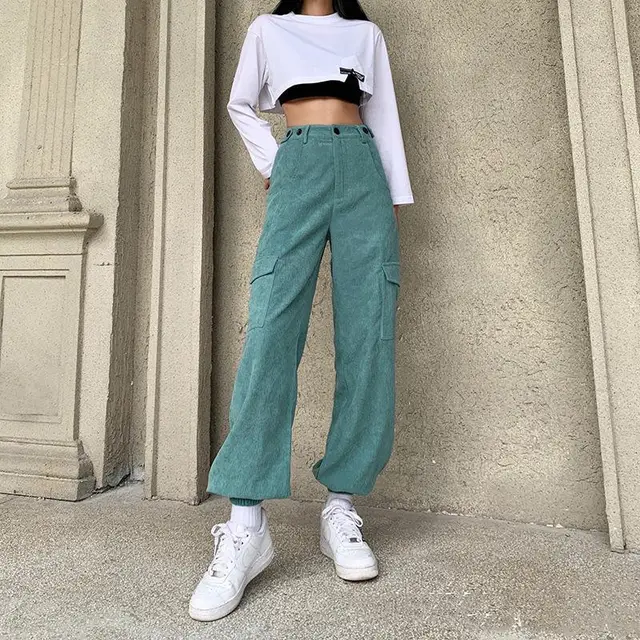 Corduroy Lantern Trousers With High Waist Girdle Feet Green - Shop at LoveMi