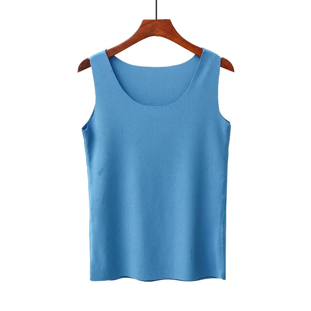 Summer Korean Version Of Thread Cotton Freely Cut Round Neck Vest Female Elastic Blue - Shop at LoveMi