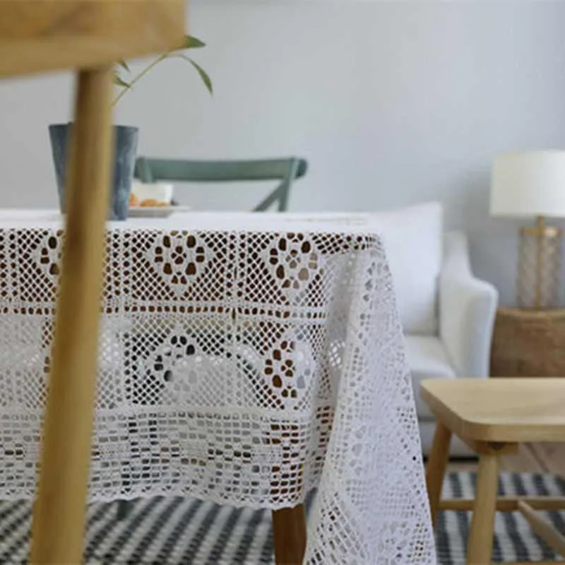 Retro Pastoral Cotton Thread Crocheted Tablecloth Hollow Tablecloth Tea Table Cloth Bedside - White
